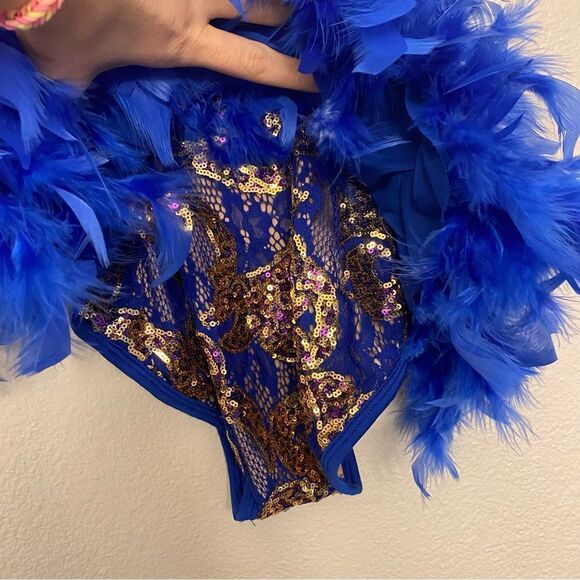 Glamour dance costume solo gold sequin blue feather sassy salsa jazz XLC child - Picture 6 of 11